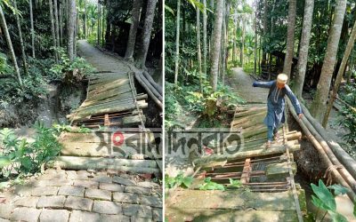 জীবনের ঝুঁকি নিয়েই ব্রিজ পারাপার হচ্ছে এলাকাবাসী