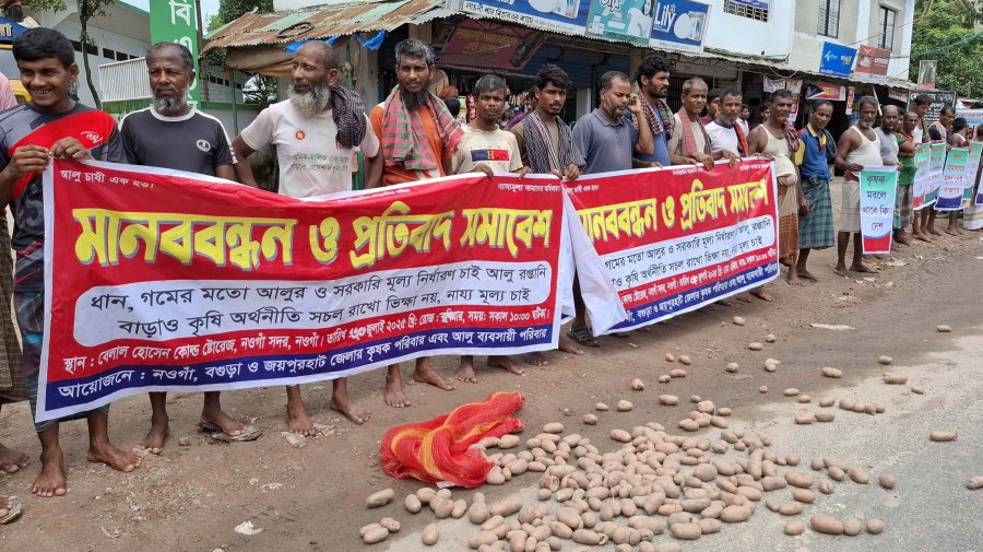 নওগাঁয় সড়কে আলু ফেলে কৃষকদের মানববন্ধন